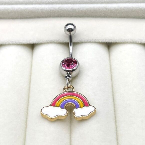 316L Stainless Steel with Pink Sapphire CZ and Rainbow Charm Dangle Belly Ring - Picture 4 of 7